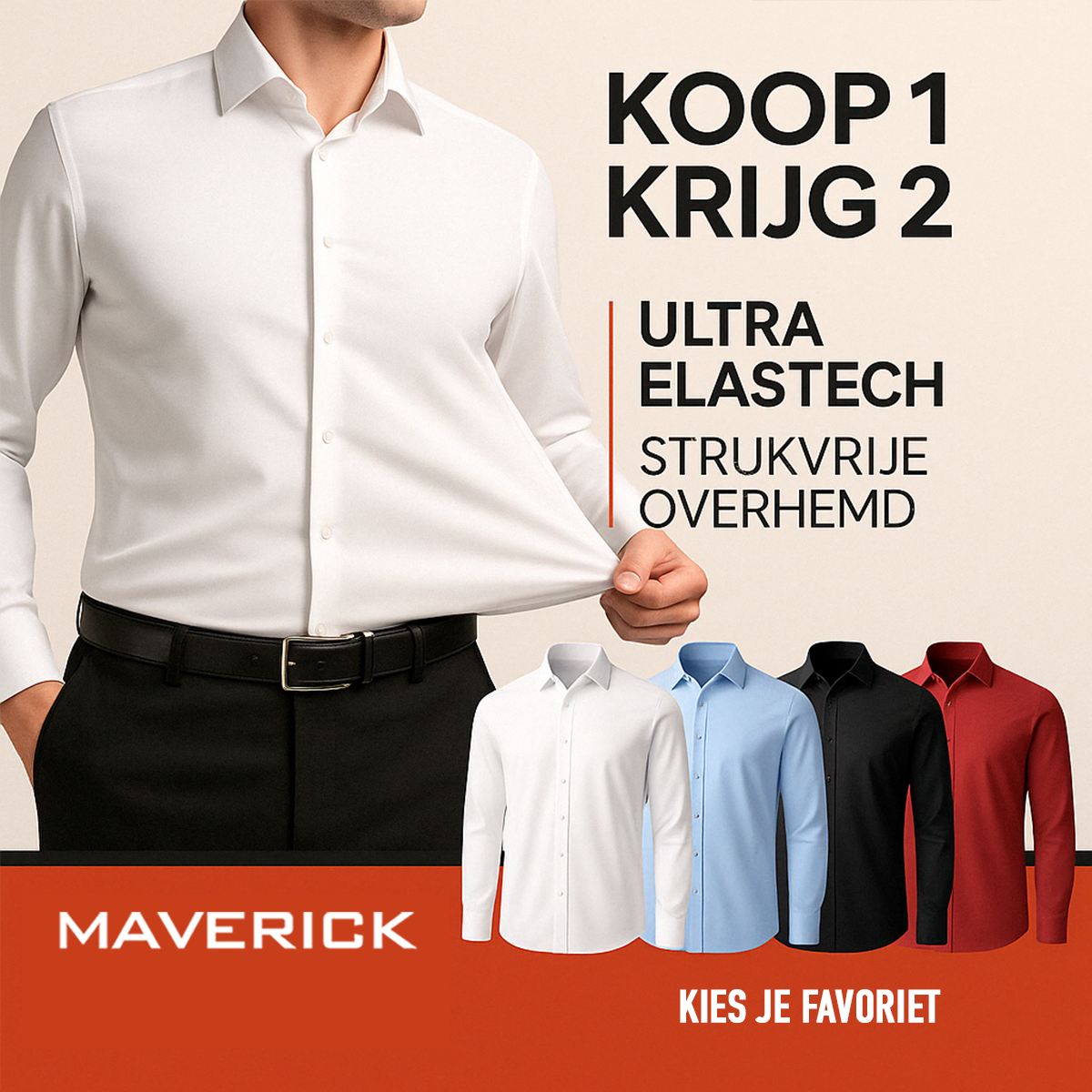 KOOP 1, KRIJG 2 | Ultra Elastech Strijkvrije Overhemd + Gratis Horloge en Riem